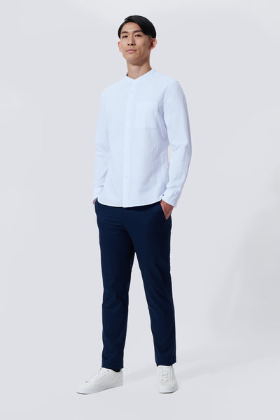 Seersucker Mandarin Collar Casual Shirt | Light Blue Stripes 1486NZ