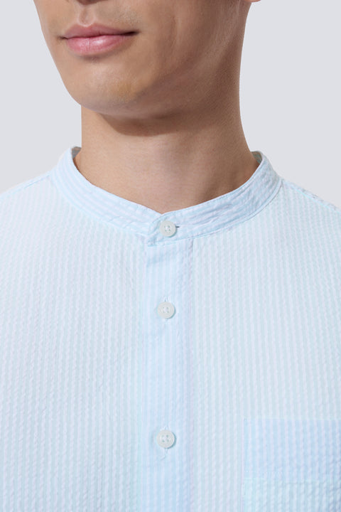 Seersucker Mandarin Collar Casual Shirt | Mint Stripes 1485NZ