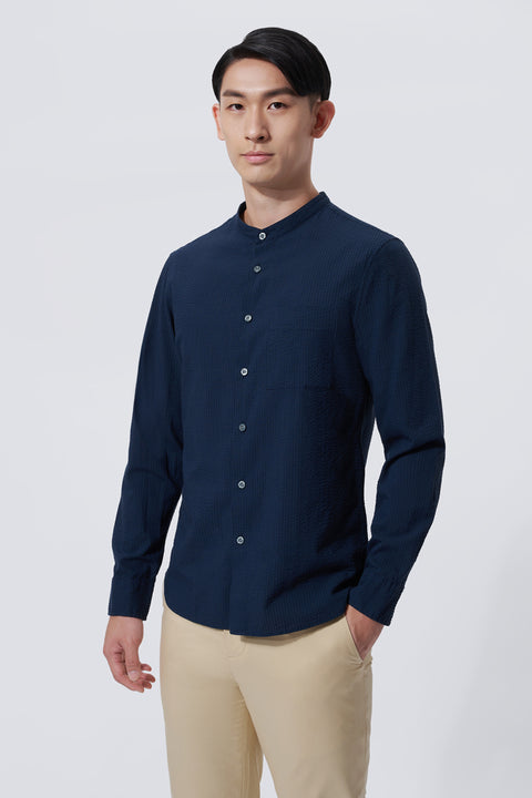 Seersucker Mandarin Collar Casual Shirt | Navy NNY096