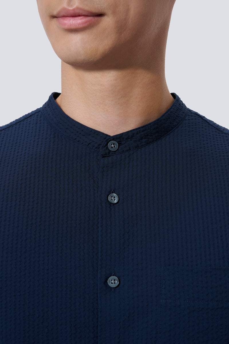 Seersucker Mandarin Collar Casual Shirt | Navy NNY096