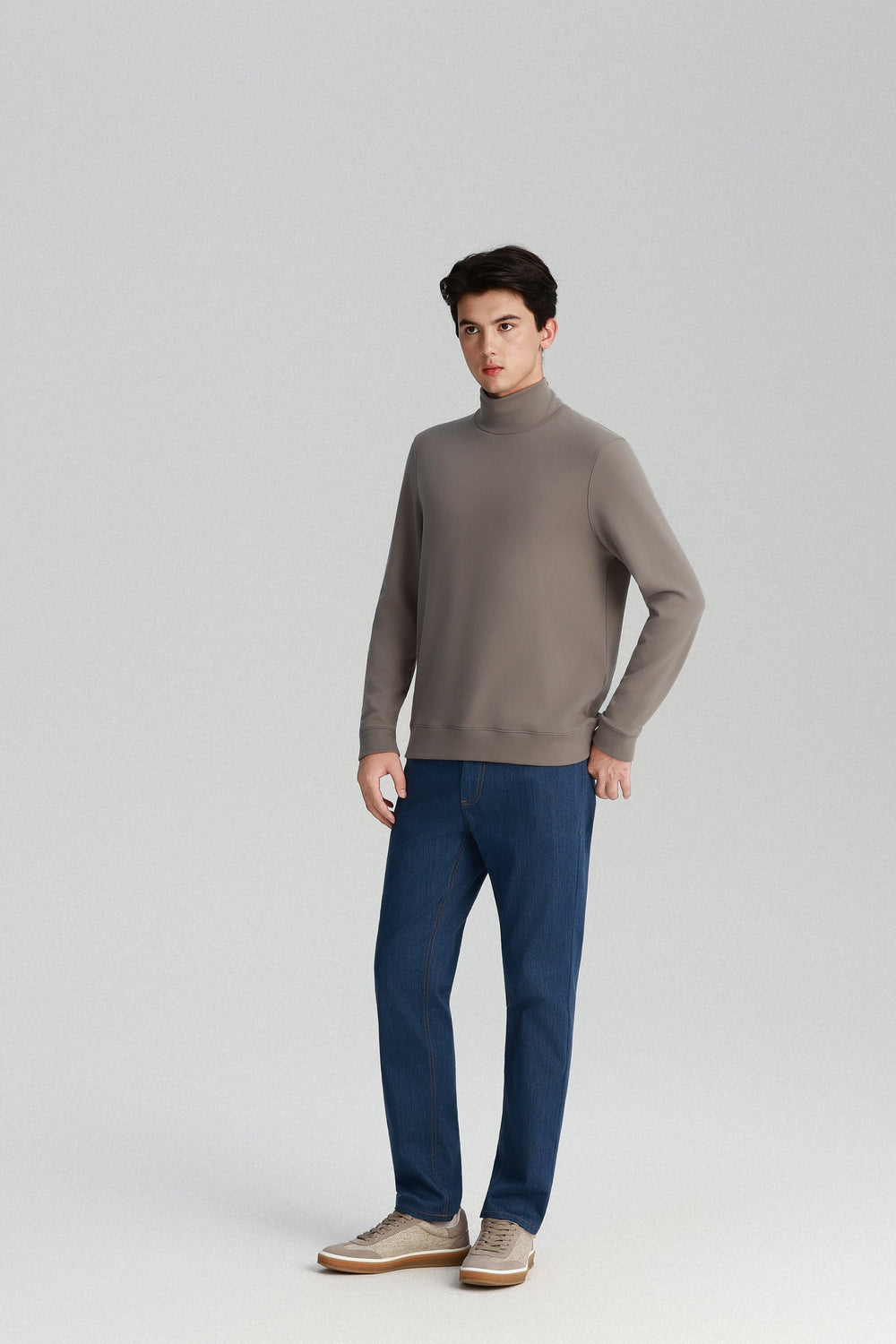 HeatGuard Turtleneck Long Sleeve T-Shirt | Taupe Khaki GYFD01 — On Model