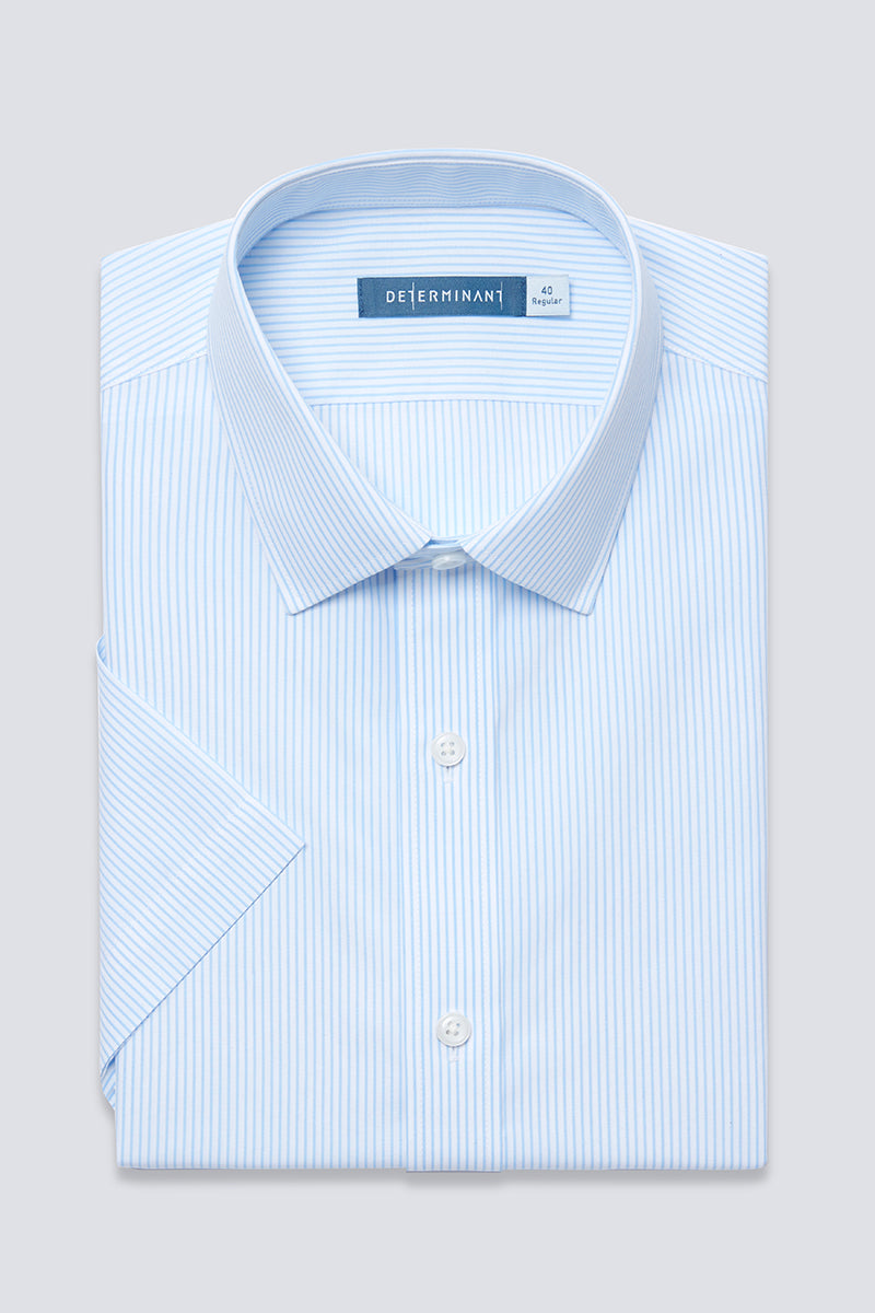 Wrinkle-Free Poplin Short Sleeve Dress Shirt | Light Blue Stripes 15103N
