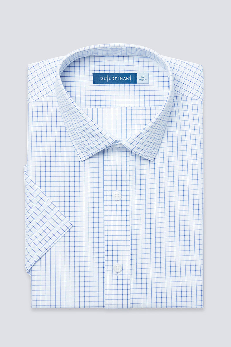 Wrinkle-Free Poplin Short Sleeve Dress Shirt | Blue Check 16787N