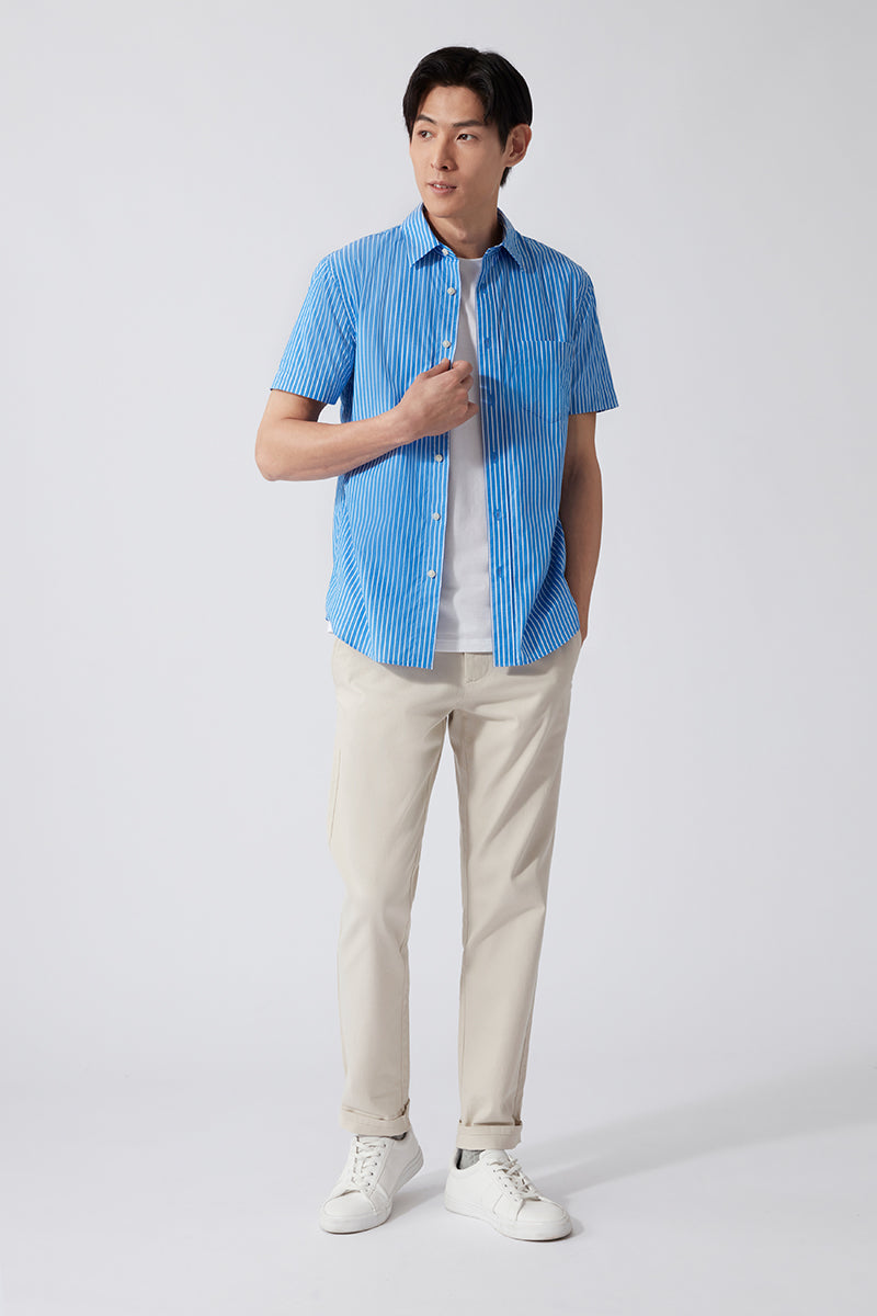 Poplin Short Sleeve Casual Shirt | Blue Stripes 15108N