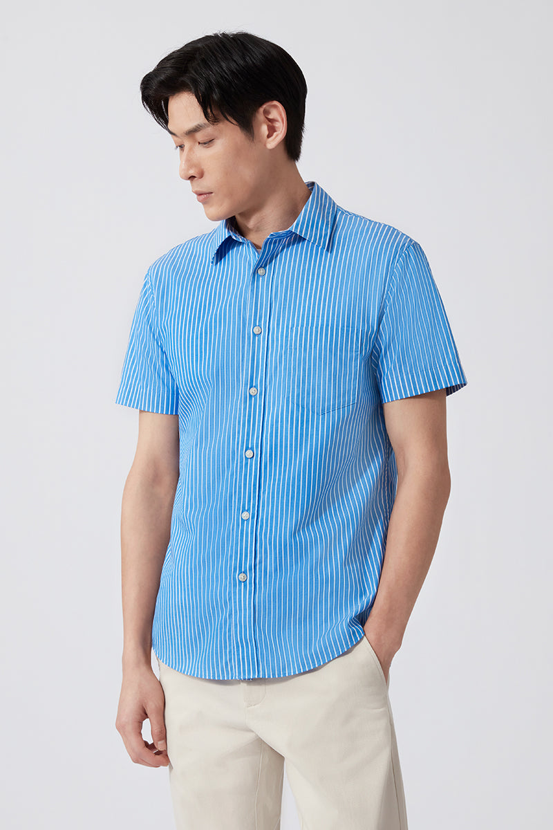 Poplin Short Sleeve Casual Shirt | Blue Stripes 15108N