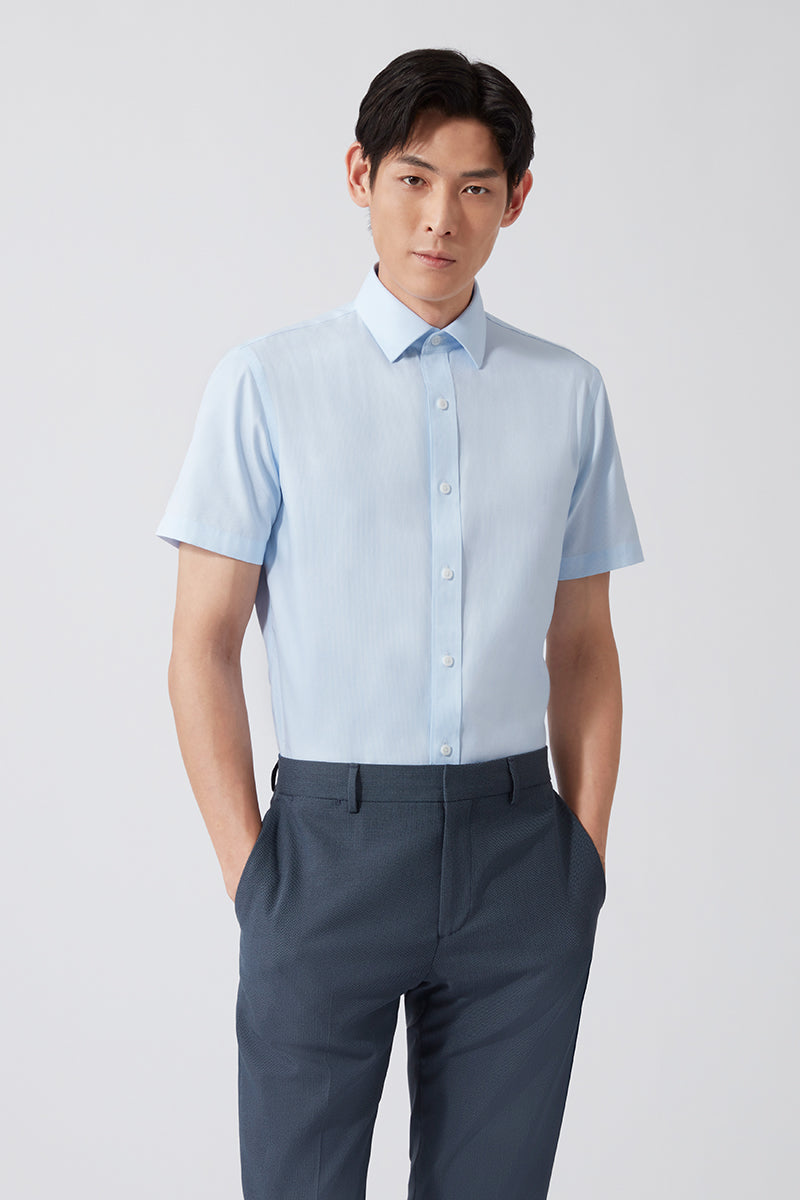 Wrinkle-Free Pinpoint Oxford Short Sleeve Dress Shirt | Light Blue Stripes 1581NZ
