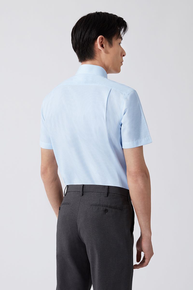 Wrinkle-Free Poplin Short Sleeve Dress Shirt | Light Blue Stripes 15103N