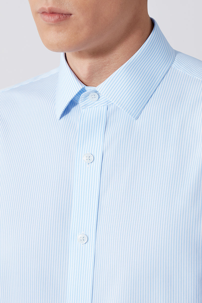 Wrinkle-Free Poplin Short Sleeve Dress Shirt | Light Blue Stripes 15103N
