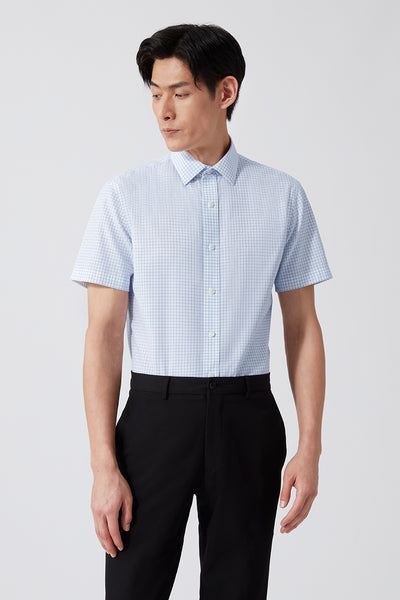 Wrinkle-Free Poplin Short Sleeve Dress Shirt | Blue Check 16787N