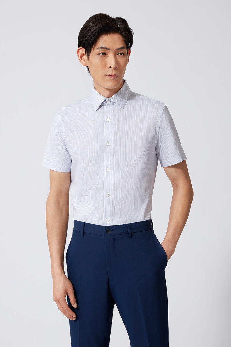 Wrinkle-Free Pinpoint Oxford Short Sleeve Dress Shirt | Navy Stripes 1143NZ