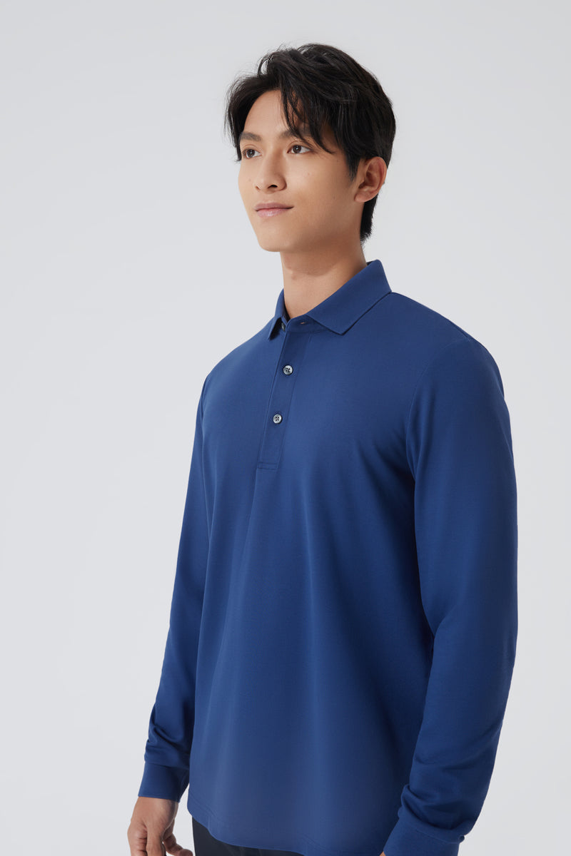 VISDRY™ Pique Long Sleeve Polo | Blue NYE073